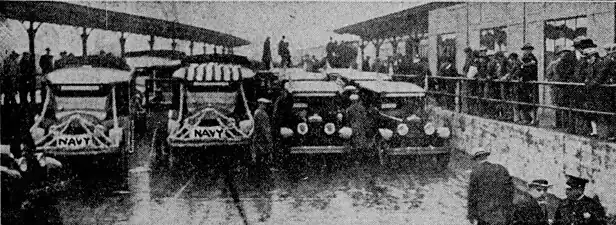 Scene at the station for the arrival of the 1926 Navy Midshipmen football team in November 1926 for the Army–Navy Game at Soldier Field