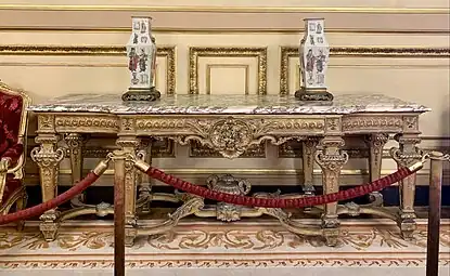 Large console with central projection; by Benjamin Deguil and Benjamin-Paul Ramillon; 1850-1875; gilt wood and marble; 100 x 283 x 77 cm; Napoleon III Apartments, Louvre Palace, Paris