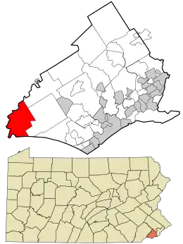 Location of Chadds Ford Township in Delaware County, Pennsylvania (top) and of Delaware County in Pennsylvania (bottom)