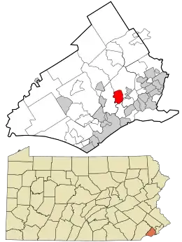 Location of Swarthmore in Delaware County (top) and of Delaware County in Pennsylvania (bottom)