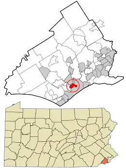 Location of Upland in Delaware County, Pennsylvania (top) and of Delaware County in Pennsylvania (below)