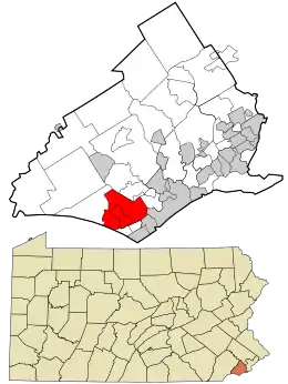 Location in Delaware County and the state of Pennsylvania.