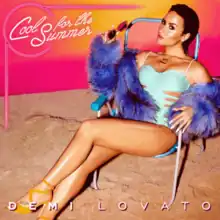 A picture of a person wearing a light blue swimsuit with cutouts on the cover, a purple fur coat and yellow heels. She is sitting in a beach chair in the sand while holds her sunglasses in her hand. Her black hair is slicked back. She is over a pink background. The cover also features the title of the song ("Cool for the Summer") in Italic letters while the name of the singer (Demi Lovato) is shown under her image.