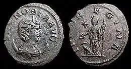 Zenobia coin reporting her title as queen of Egypt (Augusta), and showing her diademed and draped bust on a crescent. The obverse shows a standing figure of Ivno Regina (Juno) holding a patera in her right hand and a sceptre in her left hand, with a peacock at her feet and a brilliant star on the left.
