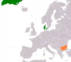 Map indicating locations of Denmark and Bulgaria