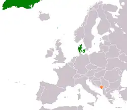 Map indicating locations of Denmark and Montenegro