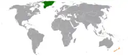 Map indicating locations of Denmark and New Zealand