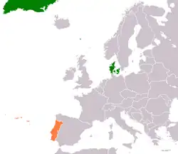 Map indicating locations of Denmark and Portugal