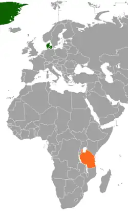 Map indicating locations of Denmark and Tanzania