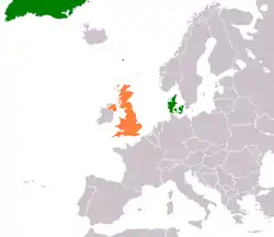 Map indicating locations of Denmark and United Kingdom