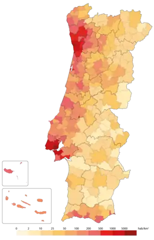 Population density by municipality in Portugal (2020).