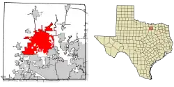 A map showing the state of Texas divided into counties. Denton County is located in north-eastern Texas, two counties south of the Oklahoma–Texas border.