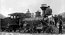 D&RG 287 (a sister engine to D&RG 223) in 1885.  This shows how the D&RG 223 looked originally, with a diamond stack, box headlight, trim on the domes, and wooden pilot (cowcatcher).  Photo courtesy of the Colorado RR Museum, Golden, CO.