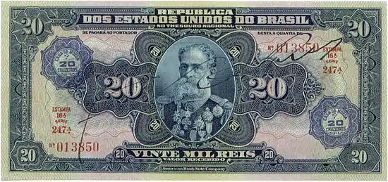 20 mil réis banknote (20$000) from 1925 with Marshal Deodoro da Fonseca's effigy.