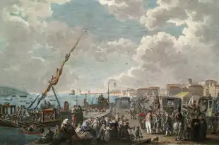Painting shows crowds of people dressed in early 1800s clothing getting off horse-drawn carriages near the sea.
