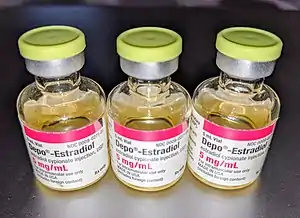 Depo-Estradiol 5 mg/mL (estradiol cypionate in oil solution) vials. Used by depot intramuscular injection.