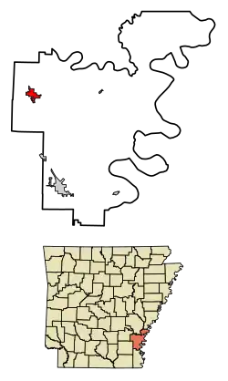 Location of Dumas in Desha County, Arkansas.