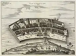 Dejima was an artificial island in the bay of Nagasaki; its fan shape was easily recognizable and the trading post consisted mainly of warehouses and dwelling houses (1669).