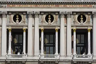 Beaux Arts Corinthian columns on the facade of the Palais Garnier, Paris, by Charles Garnier, 1861–1874