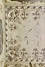 Rococo Revival stucco with cartouches in the corners on a ceiling of the Cantacuzino Palace, Bucharest, by Ion D. Berindey, 1898-1906