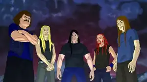 The members of Dethklok. From left to right: William Murderface, Skwisgaar Skwigelf, Nathan Explosion, Pickles, and Toki Wartooth.