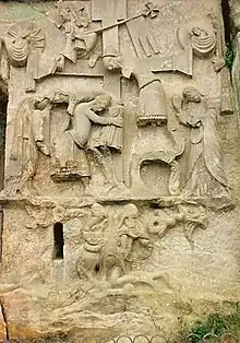 12th-century Externsteine relief, Germany, with the Descent from the Cross of Jesus