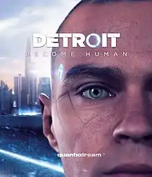 Close-up of a human-like android's face, with the skyline of Detroit in the background