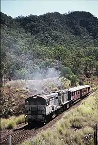 QR locos 1603 & 1634 climb the Razorback Range on the 'Last Train to Mt Morgan' tour, 1 August 1987