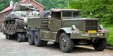 Diamond T tank transporter of the Dutch army carrying an M4 Sherman at the historic army days at Oirschot, the Netherlands