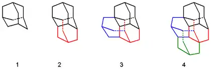 Diamondoids, from left to right adamantane, diamantane, triamantane and one isomer of tetramantane