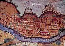 Painting of village, with castle on hill