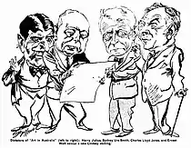 'Dictators of "Art in Australia" (left to right): Harry Julius, Sydney Ure Smith, Charles Lloyd Jones, and Ernest Watt savour a new Lindsay etching', caricatures by Syd Miller (published in Smith's Weekly, 14 May 1927).
