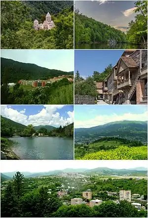 From top left:Haghartsin Monastery • Lake ParzUWC Dilijan • Sharambeyan street of old DilijanDowntown Dilijan • Dilijan skylinePanoramic view of Dilijan