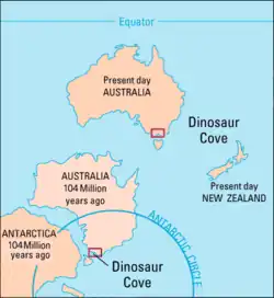 Map showing current and previous positions of Australia, with Dinosaur Cove outlined in red and the equator and Antarctic Circle shown for reference