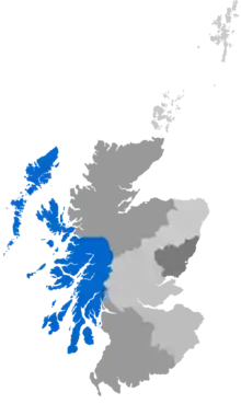 Map showing Argyll Diocese as a coloured area covering the west coast of Scotland including the Hebrides