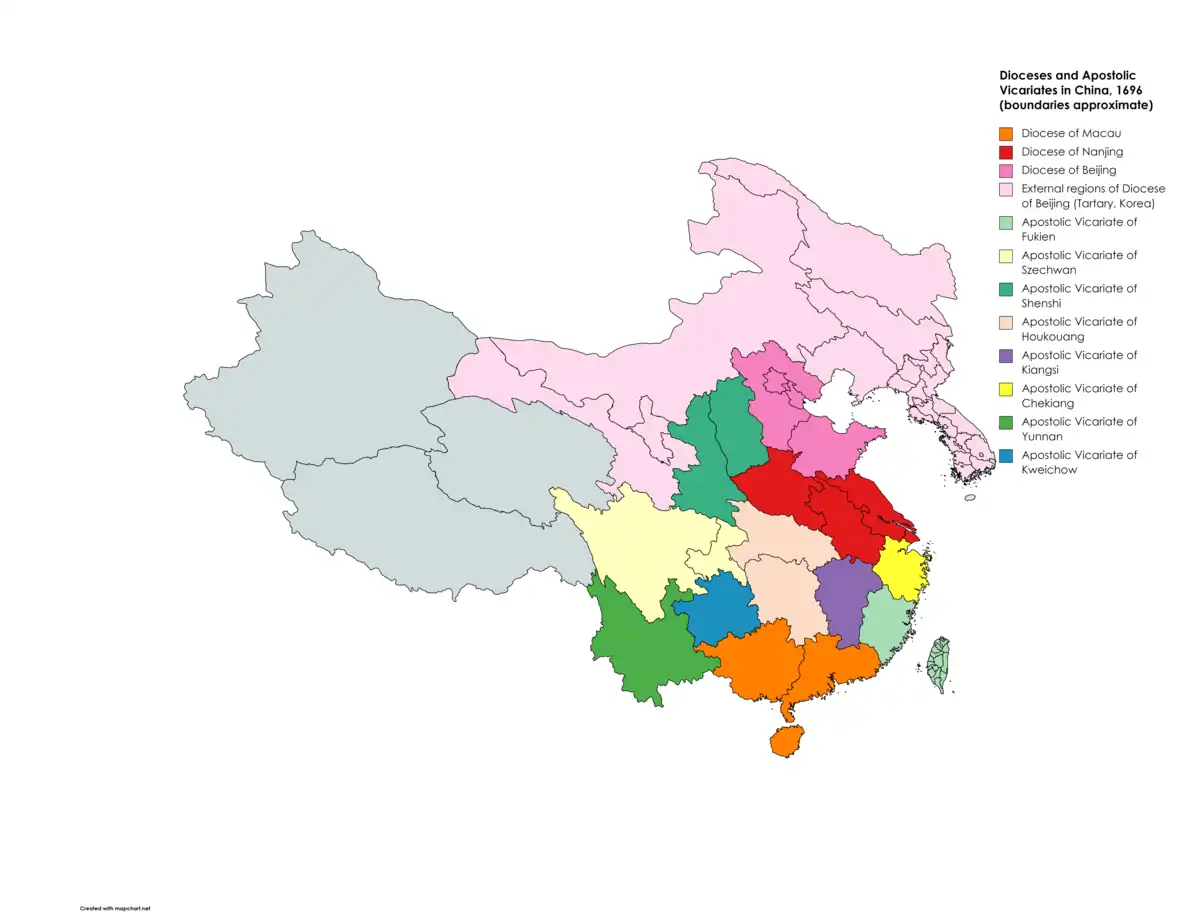 Dioceses and Apostolic Vicariates of China in 1696