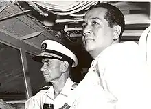 President of the Philippines Diosdado Macapagal aboard USS Oklahoma City in 1962 off Subic Bay