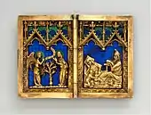 German diptych with religious scenes; 1300–1325; silver gilt with translucent and opaque enamels; overall (opened): 6.1 x 8.6 x 0.8 cm; Metropolitan Museum of Art