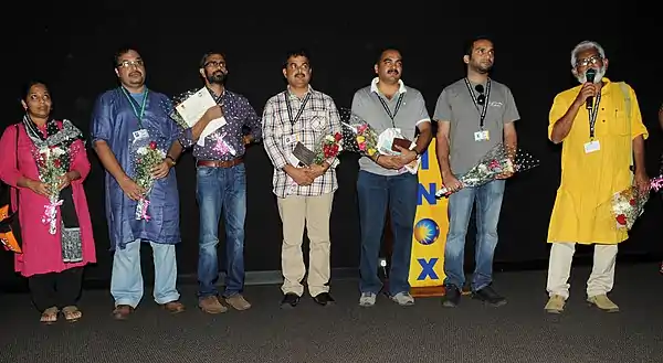 Director Gopinathan (Film Ithramaathram) with cast & crew addressing at the presentation of the film, at the 43rd International Film Festival of India (IFFI-2012), in Panaji, Goa on November 25, 2012.jpg