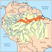This is a map of distribution of Symphysodon (Discus fishes, in orange, in yellow Amazon River drainage basin).