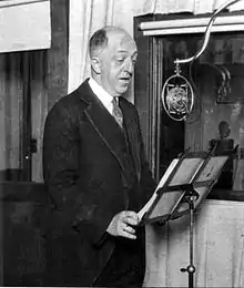 Image 30"Doc" Herrold is shown at the microphone of KQW, early 1920s. (from History of broadcasting)