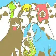 Several types of differently colored dogs sat next to each other against a blue background
