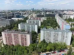 The multifamily residential apartment buildings of the neighbourhood of Domaniewska, in Ksawerów, in 2021.