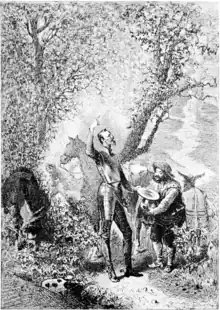 An engraving showing a thin man in armor holding a basin talking to a short man.