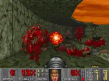 Screen shot of a rocket exploding, causing multiple enemies to burst into bloody chunks