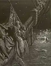 Engraving of sailor on bowsprit tied to a dead albatross, with water serpents in the sea around the ship