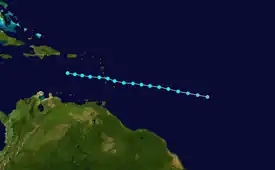 A track of a tropical storm, it starts near Cape Verde, crosses Martinique and dissipates in the Caribbean Sea