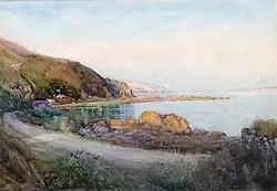 Watercolour of a brightly coloured landscape scene; a coastal view with rocky shoreline and a cluster of buildings hugging hills