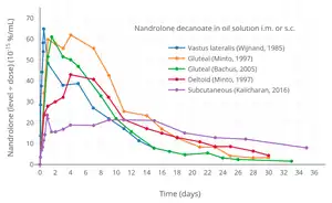 Dose-normalized nandrolone exposure (serum level divided by dose administered) with nandrolone decanoate in oil solution by intramuscular or subcutaneous injection in men.