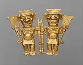 Pre-Columbian pendant with two bat-head warriors who carry spears; 11th–16th century; gold; overall: 76.2 mm (3.00 in); from the Chiriqui Province (Panama); Metropolitan Museum of Art